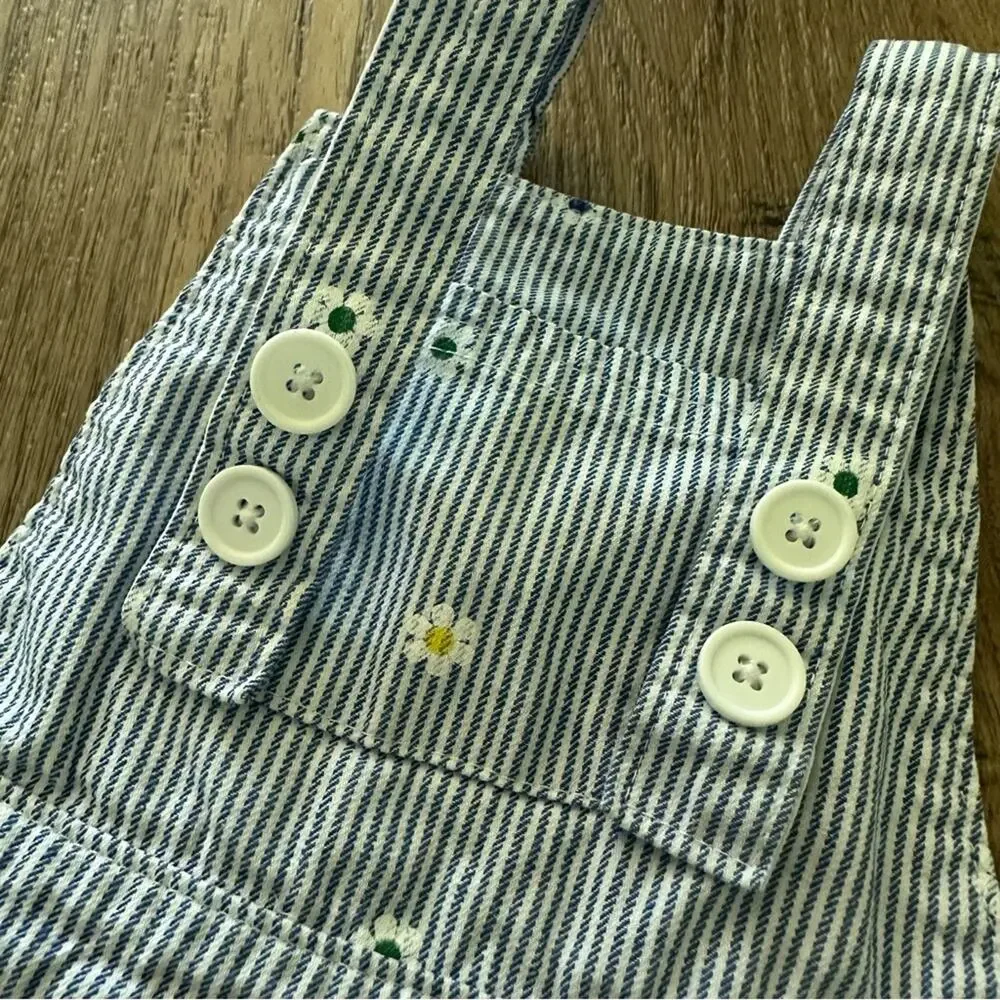 Carter’s Daisy Striped Overalls, Blue/White/Yellow, Shortalls, Infant, 9m